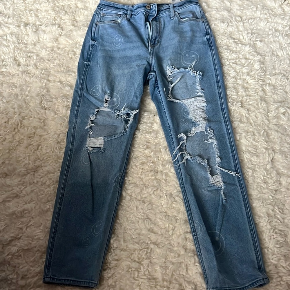 Hollister Smiley face ripped high-rise mom jeans
